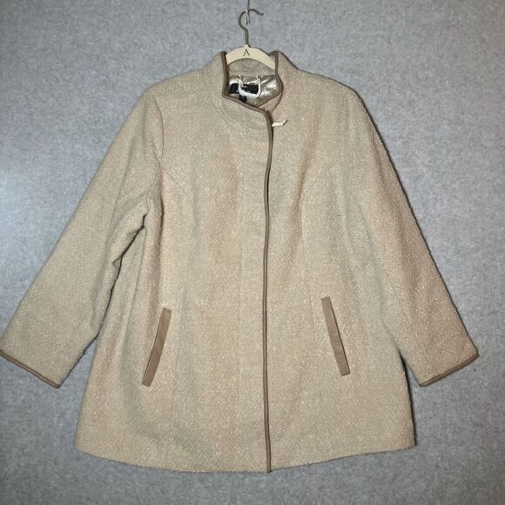 Dennis Basso Jacket Womens XL Beige Boxy Leather Trim Full Zip Lagenlook Y2K